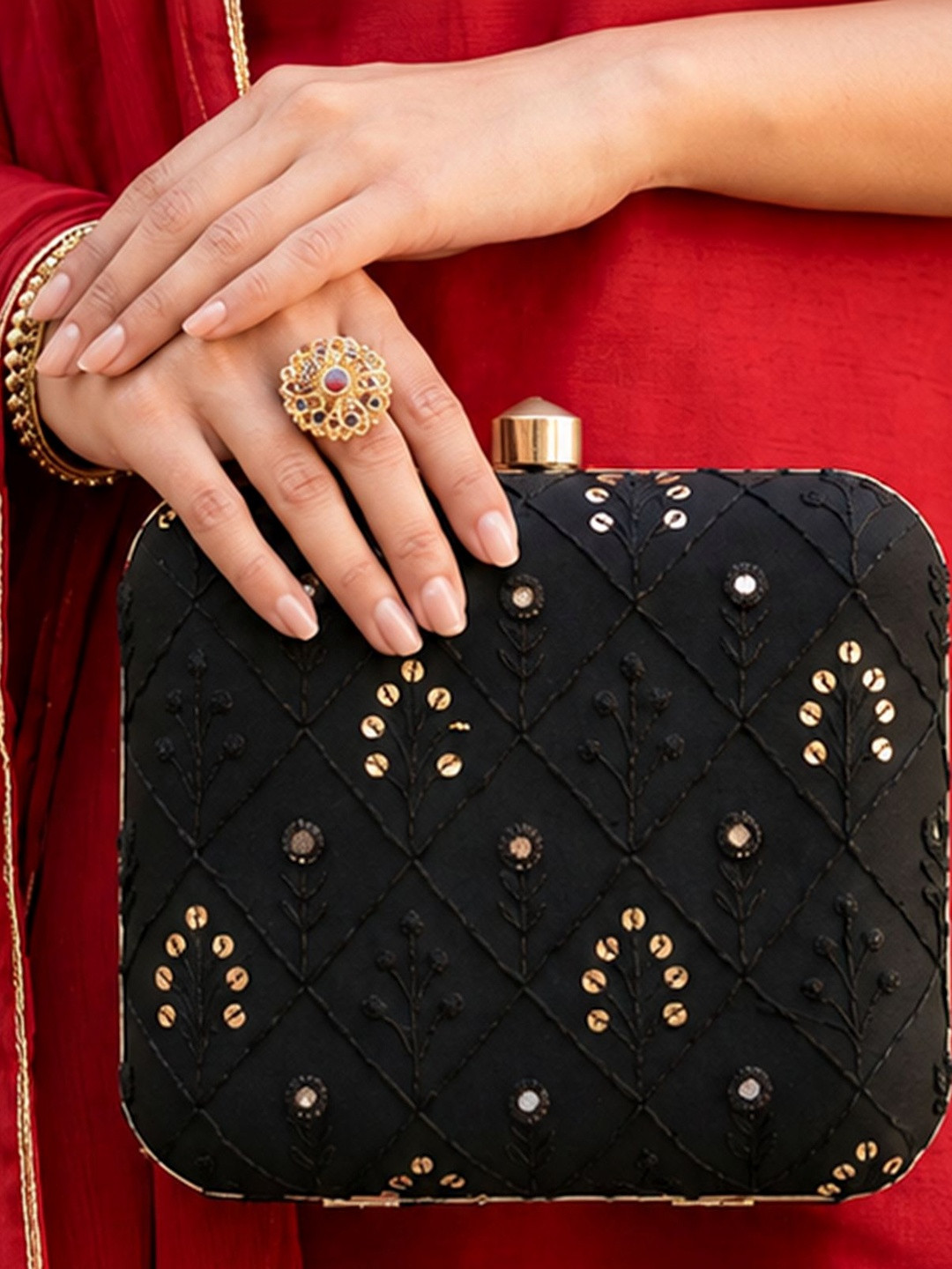 ARTKLIM Black & Gold-Toned Embroidered Embellished Box Clutch