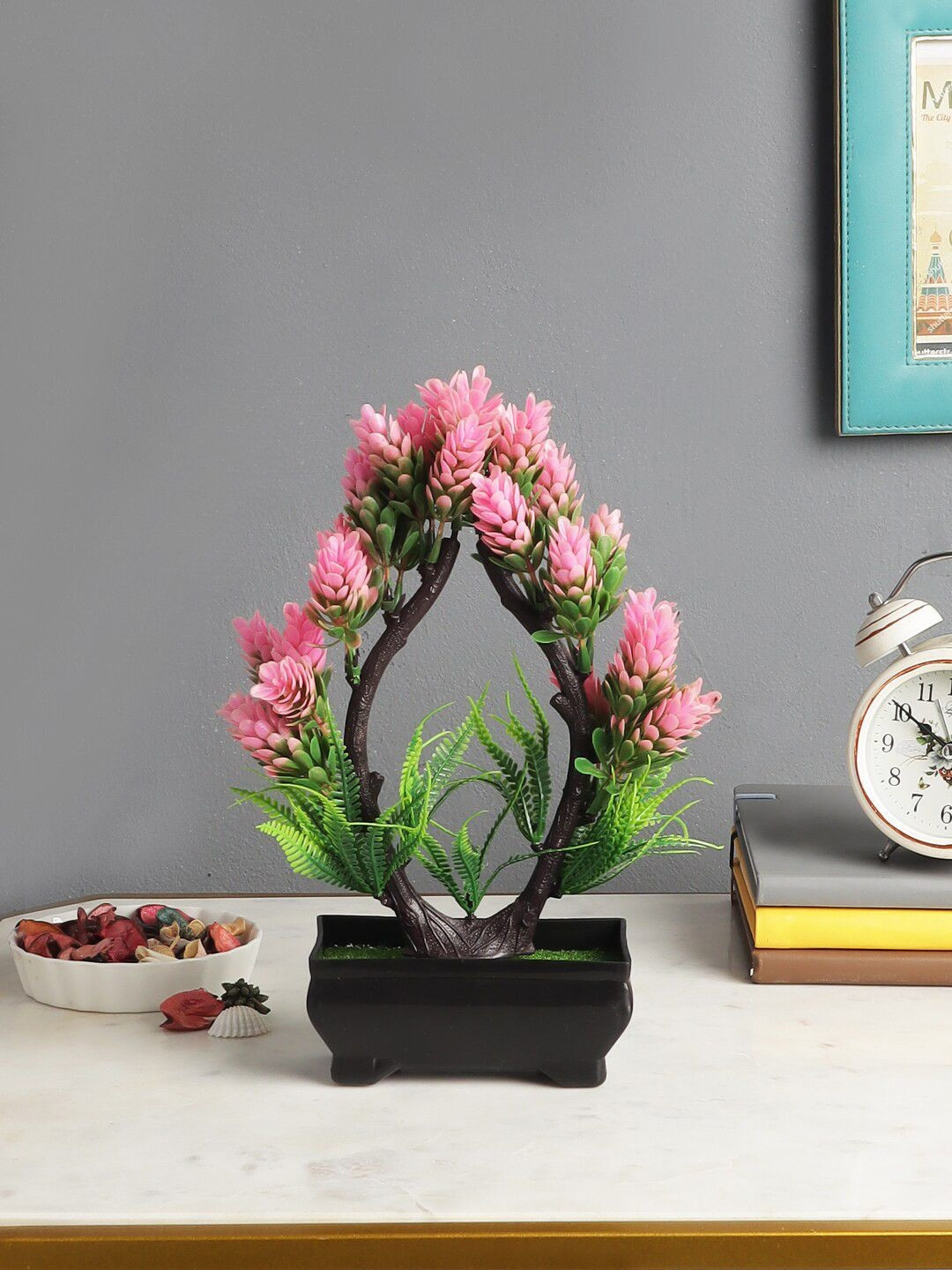 FOLIYAJ Pink Artificial U Shaped Bonsai Tree With Buds & Black Pot