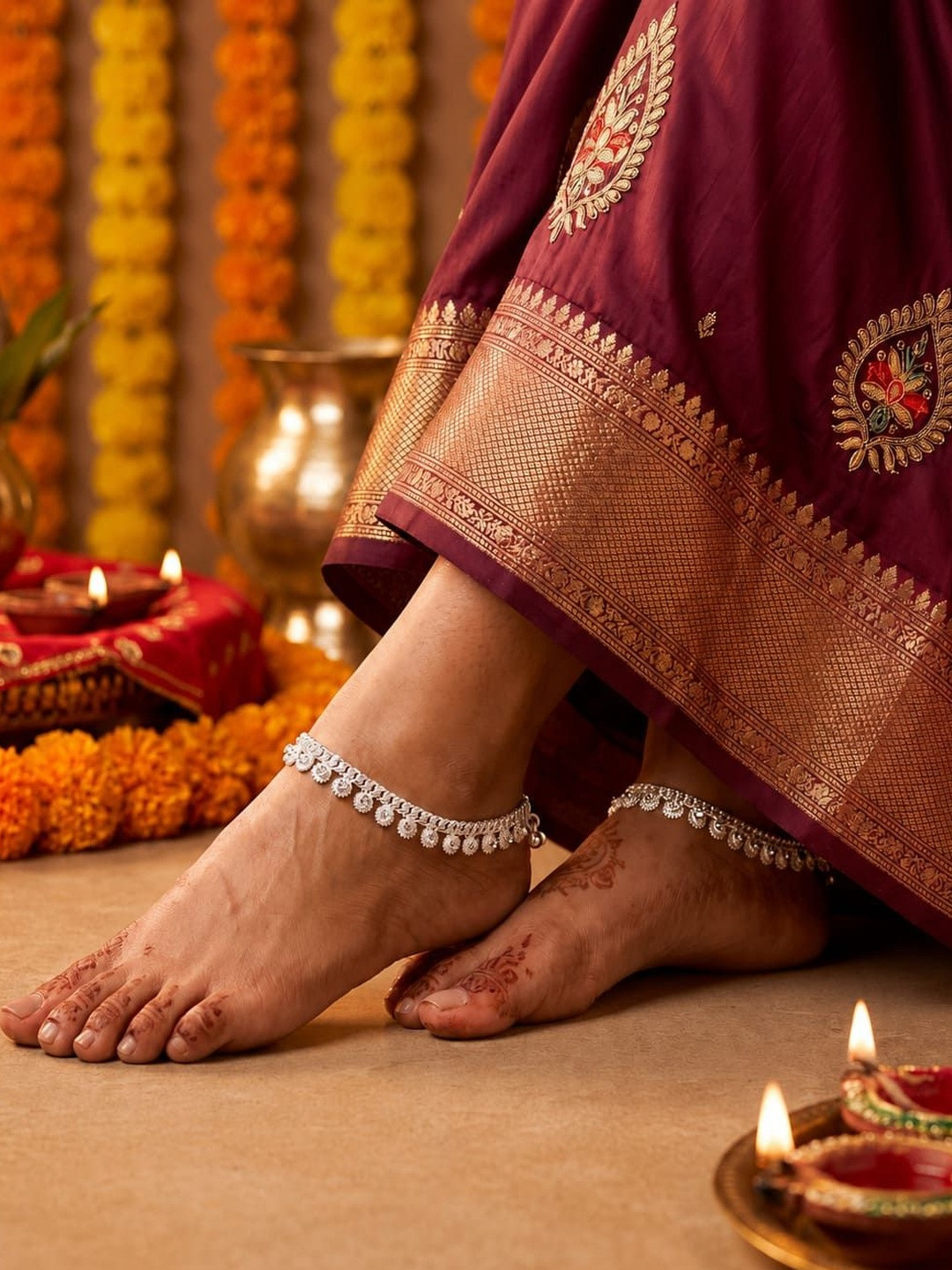 Jewar Mandi Silver Tone, Silver Plated Ad Cz Multi-Stones Anklets