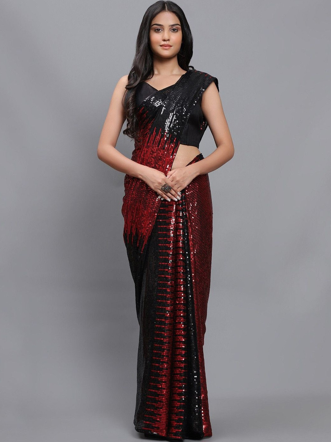 3BUDDY FASHION Red & Black Embellished Sequinned Dharmavaram Saree