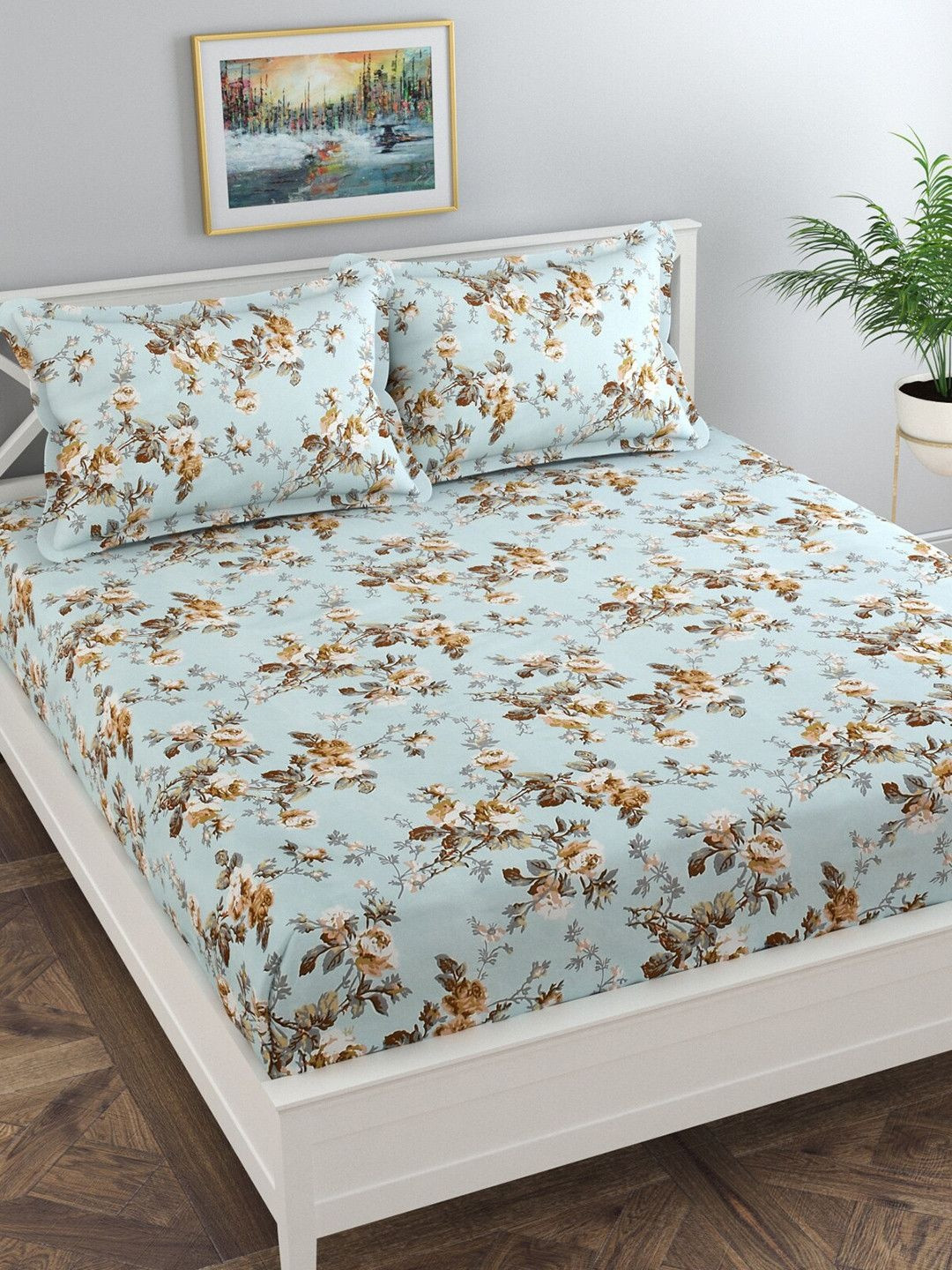 Florida Blue Floral Polycotton 120 TC Queen Bedsheet with 2 Pillow Covers-220 x 240 cm