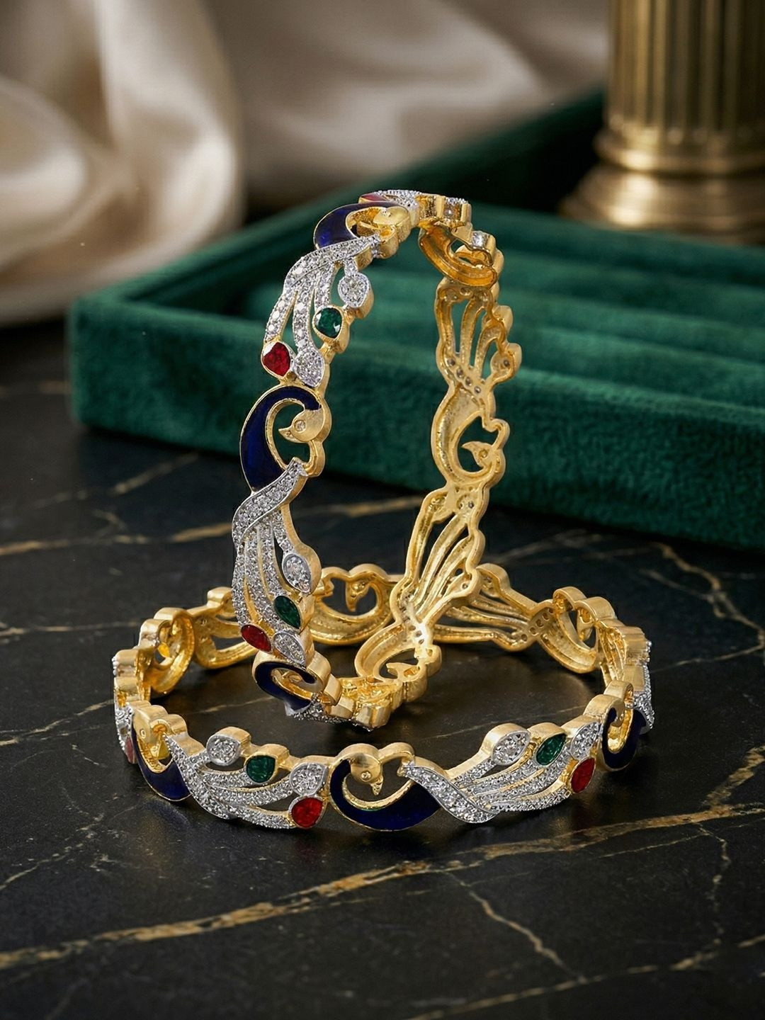 YouBella Set of 2 Gold-Plated Stone Studded Peacock Style Bangles