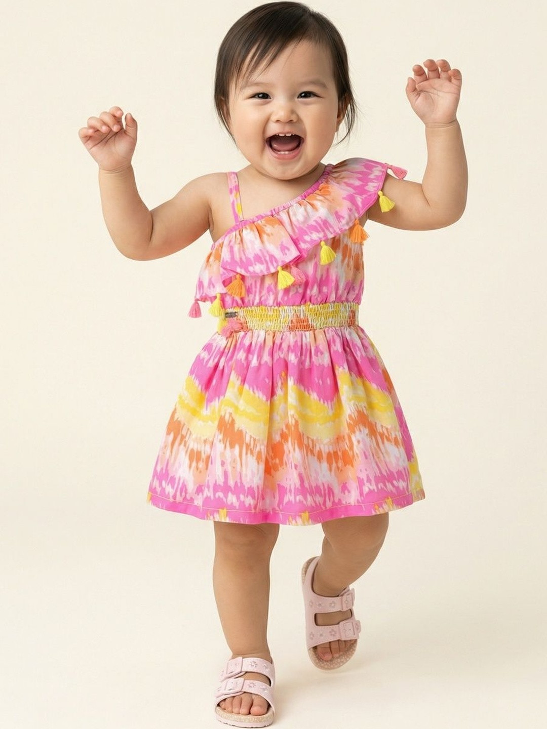 Nauti Nati Infant Girls Pink & Yellow Printed Fit and Flare Dress