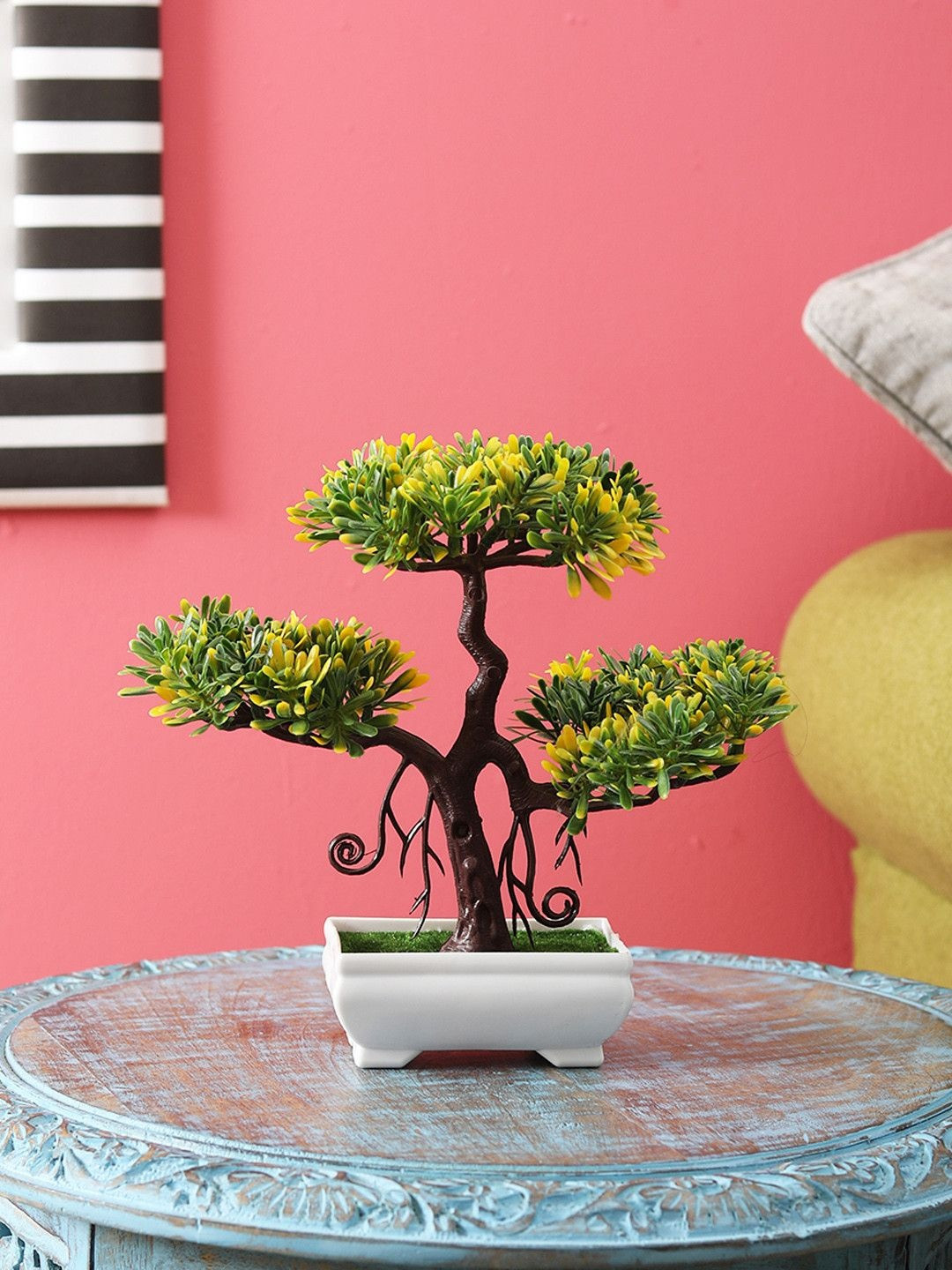 FOLIYAJ Green & Yellow Artificial 3-Headed Bonsai Tree With Pot
