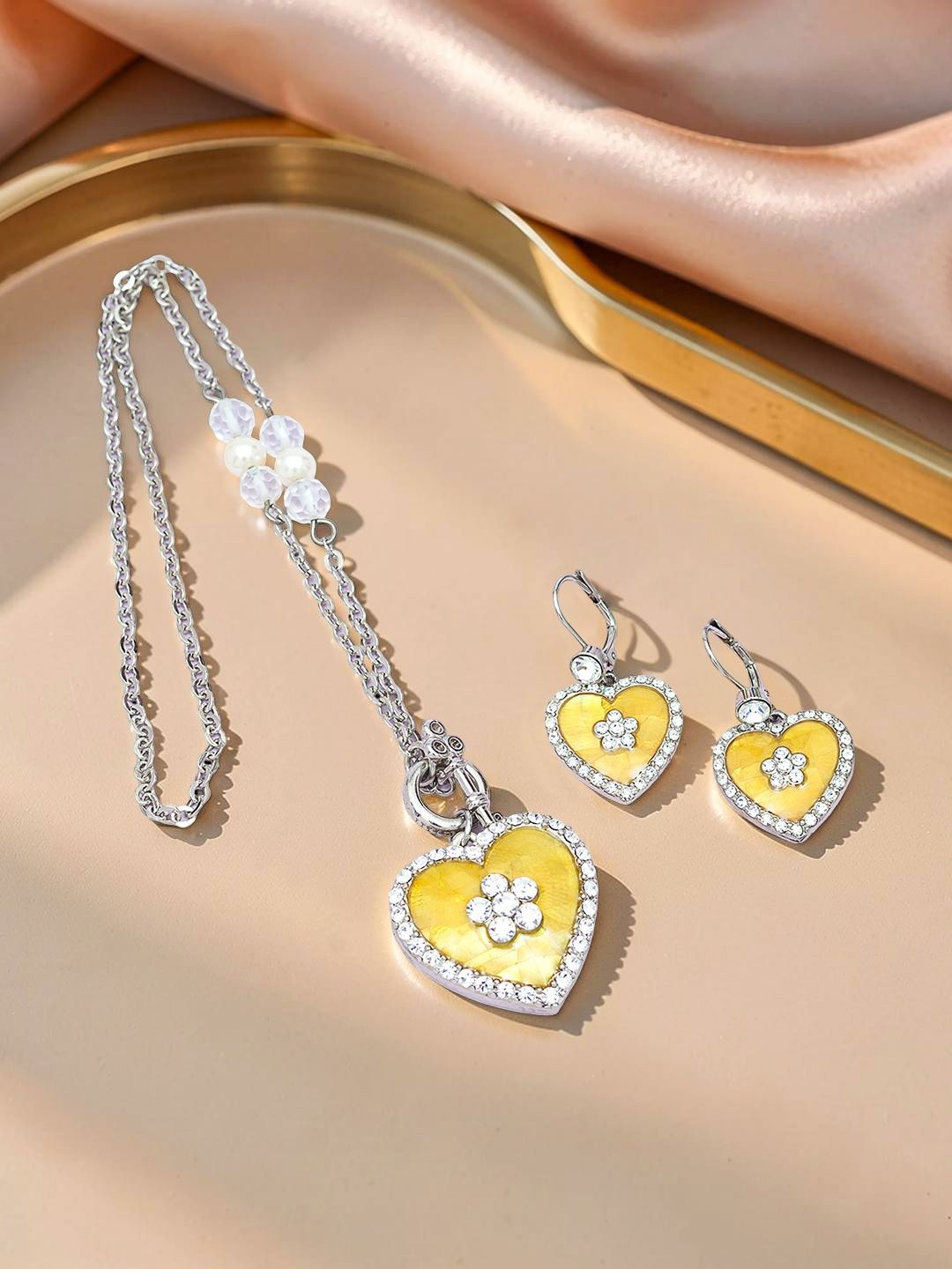 Golden Peacock Silver-Toned Yellow & White CZ-Studded Handcrafted Jewellery Set