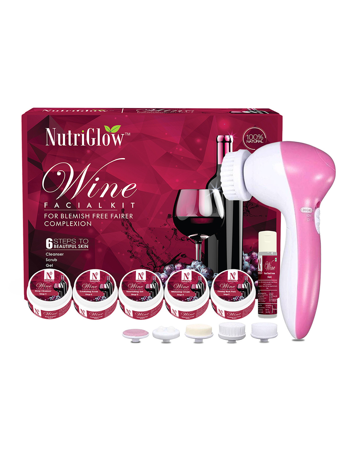 NutriGlow Wine Fruit Facial Kit For Glowing Skin - Tan Removal With Face Massager