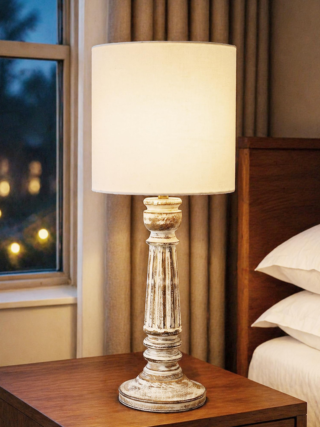 Homesake Antique Warm Yellow Wood Cylinder Solid Handcrafted Electrical Table Lamps