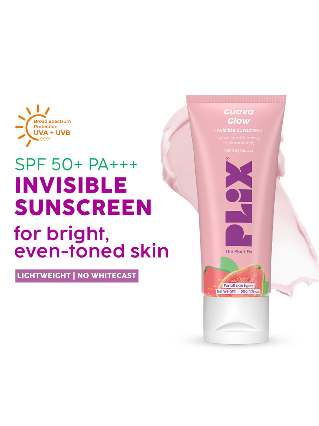 PLIX THE PLANT FIX Guava Glow Invisible Sunscreen Gel SPF50+ PA+++ with Ceramides - 50g
