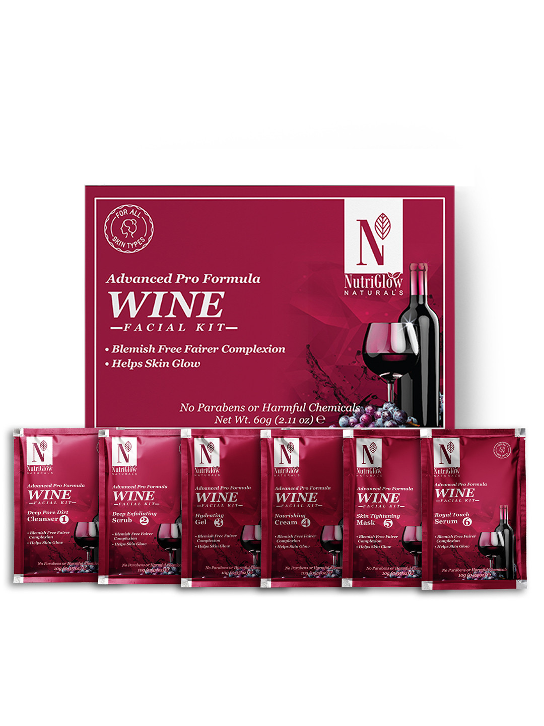 NutriGlow Naturals Set of 2 Wine Facial Kit For Glowing Skin - Tan Removal - Blemish Free