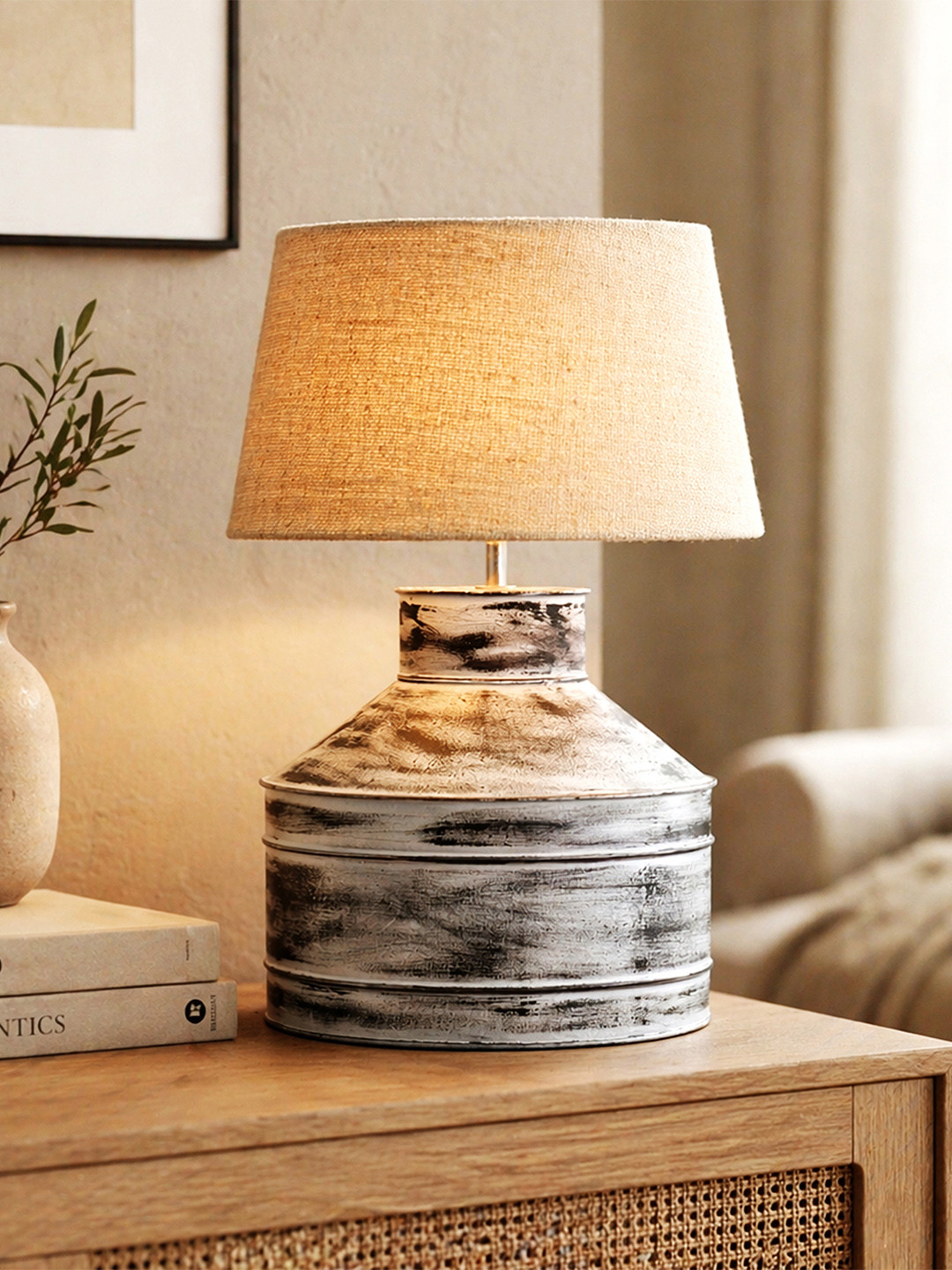 Homesake White & Beige Metal Table Lamp with Jute Shade & E-27 LED Bulb