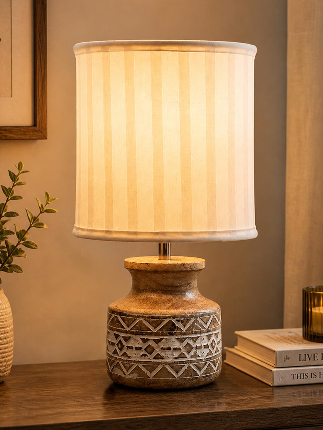Homesake White & Brown Frill Fabric Shade With Textured Wooden Base Table Lamp