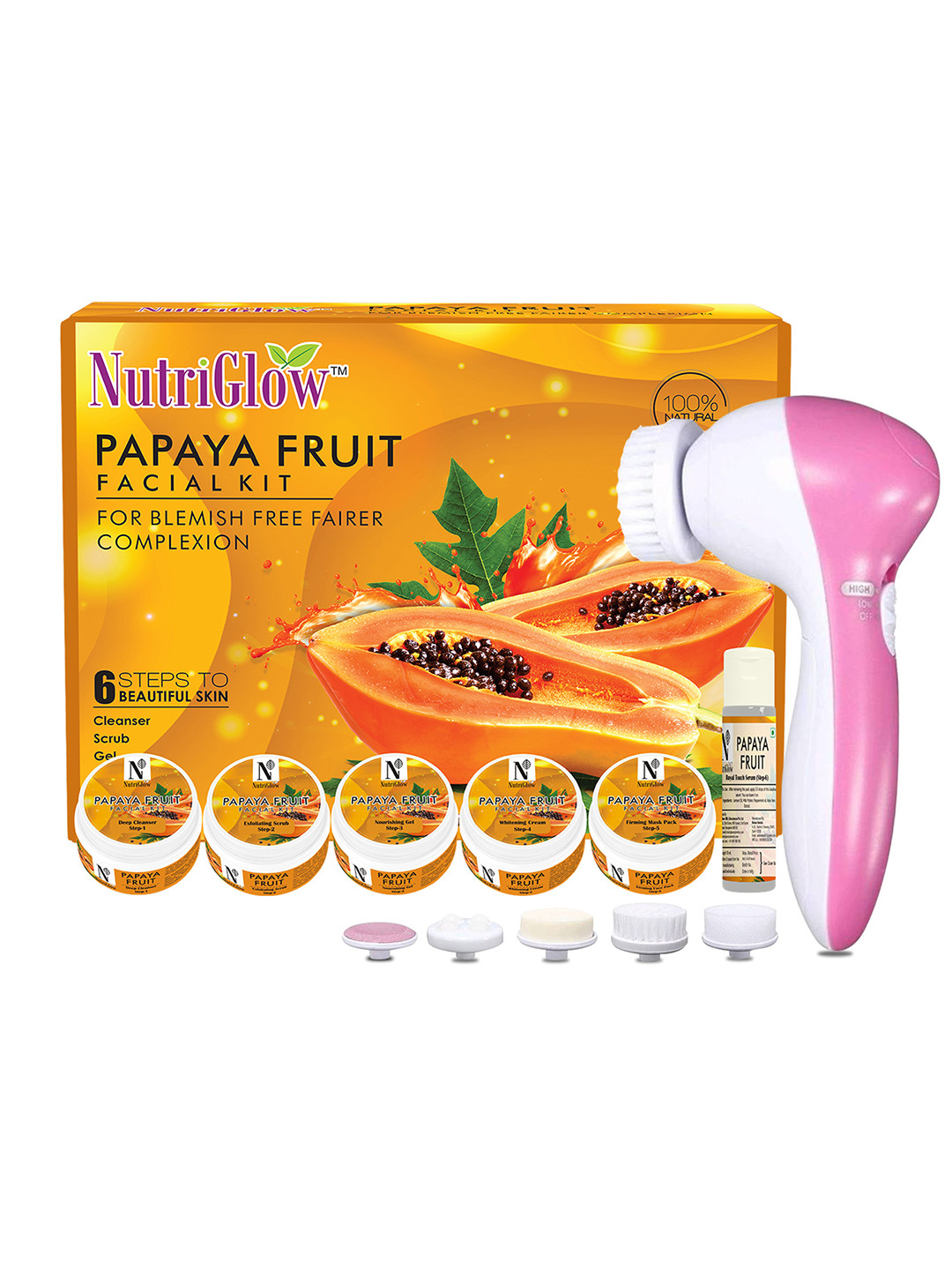 NutriGlow Papaya Fruit Facial Kit For Glowing Skin - Tan Removal With Face Massager
