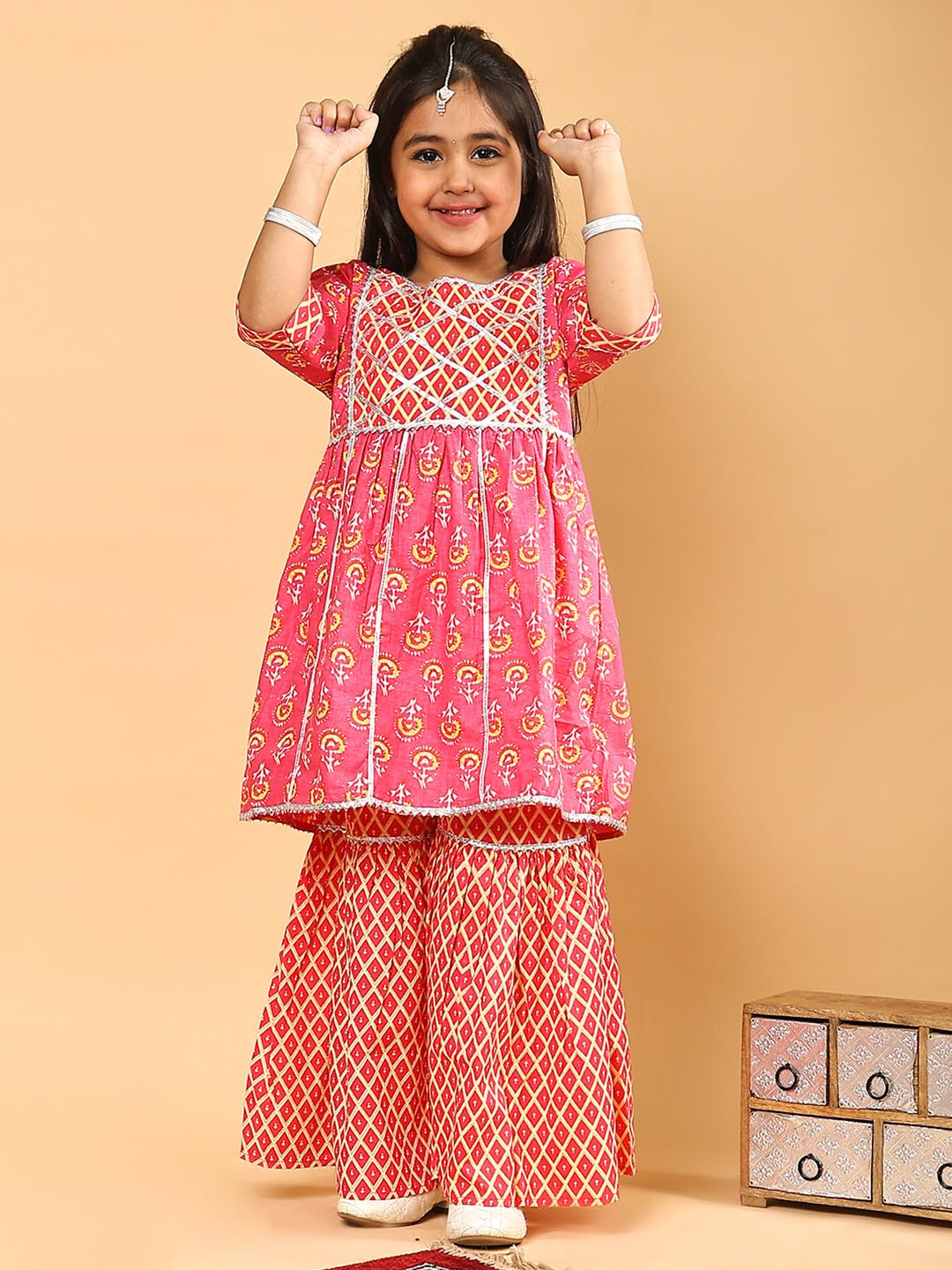 Superminis Girls Pink Ethnic Motifs Printed Pure Cotton Kurti with Sharara