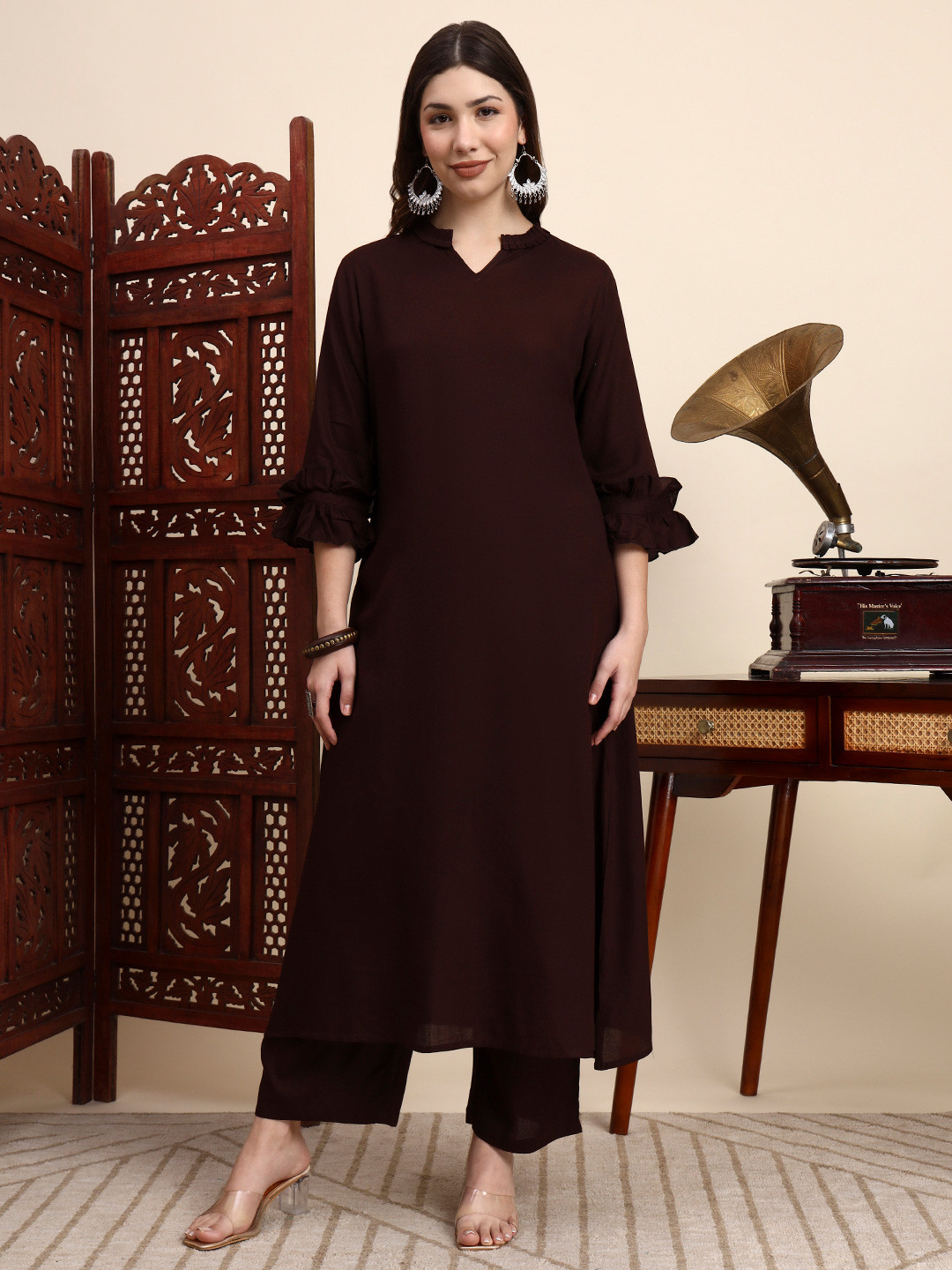Idalia Women Coffee Brown Solid Kurta with Palazzos