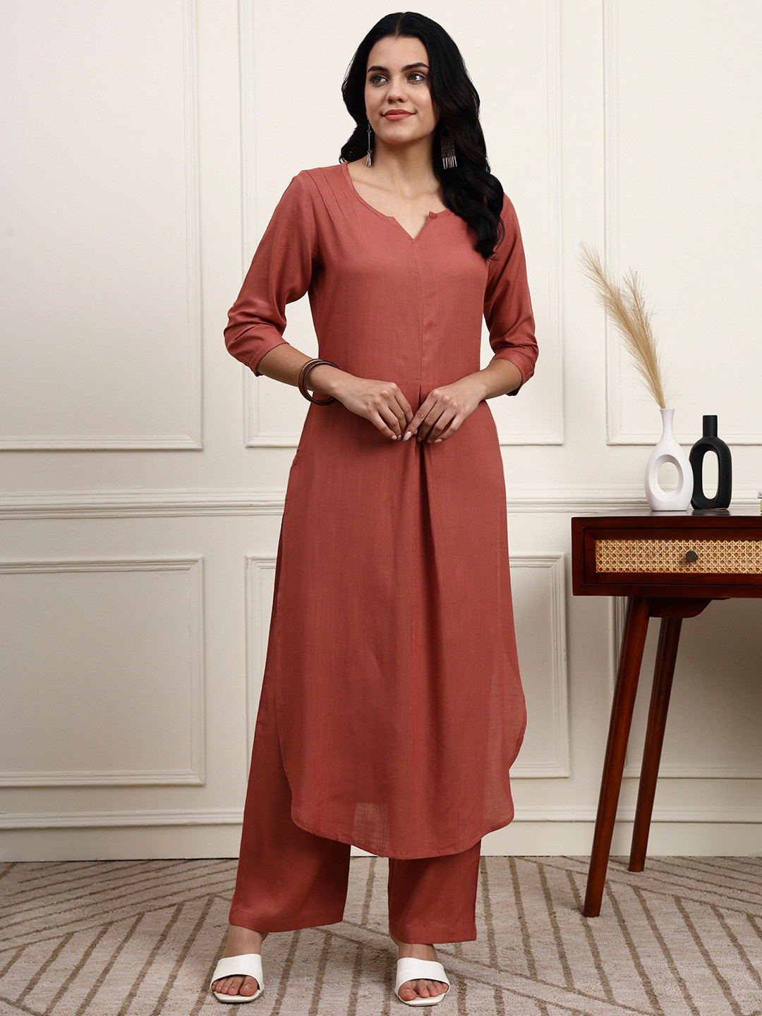 Idalia Women Rust Solid Kurta with Palazzos
