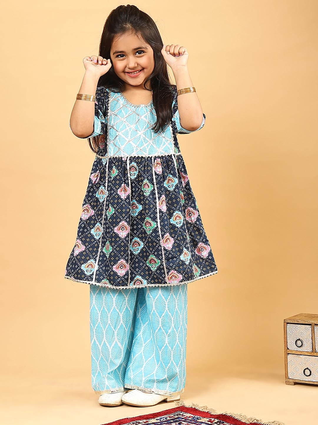 Superminis Girls Floral Printed Gotta Patti A-line Pure Cotton Kurta with Palazzos