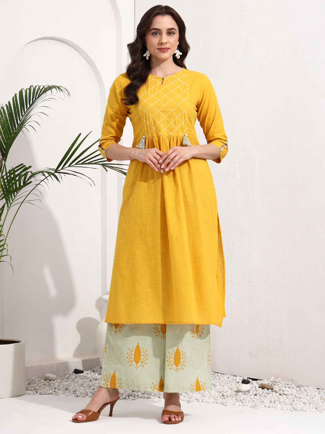 Idalia Women Mustard Yellow Solid Kurta with Palazzos