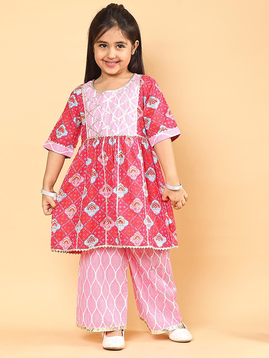 Superminis Girls Ethnic Motifs Printed Gotta Patti A-Line Pure Cotton Kurta with Sharara