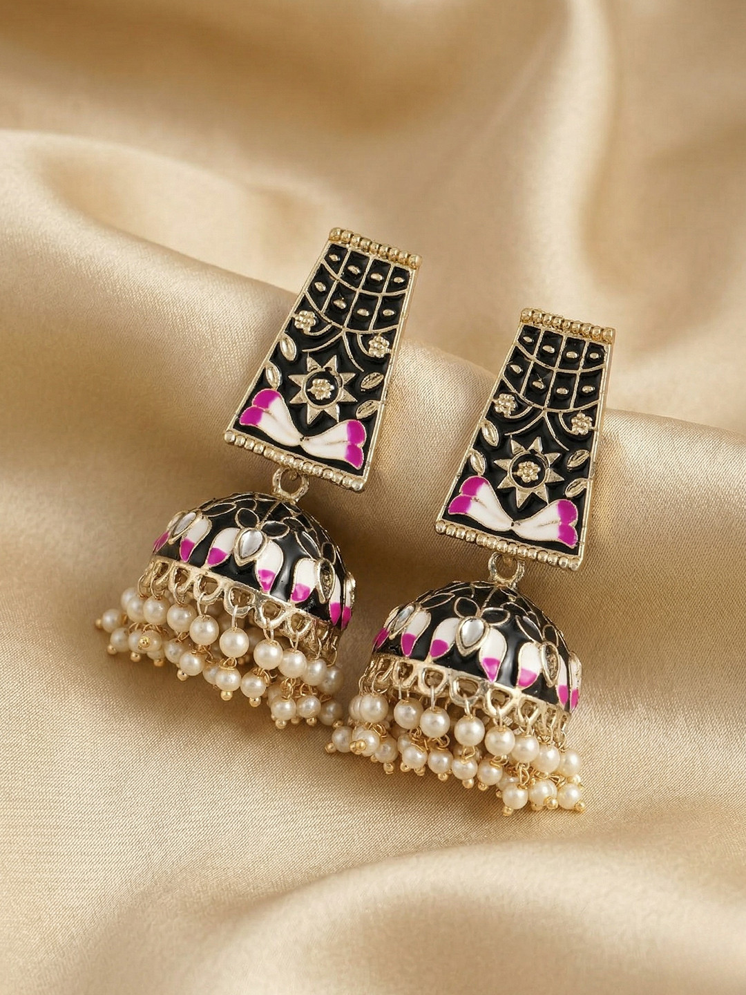 Adwitiya Collection Pink & Gold-Toned Contemporary Handcrafted Jhumkas Earrings