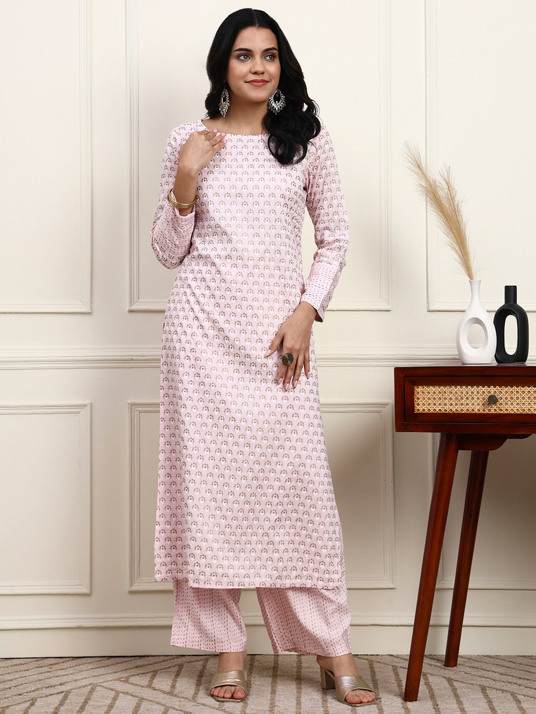 Idalia Women Pink & Golden Printed Kurta with Palazzos