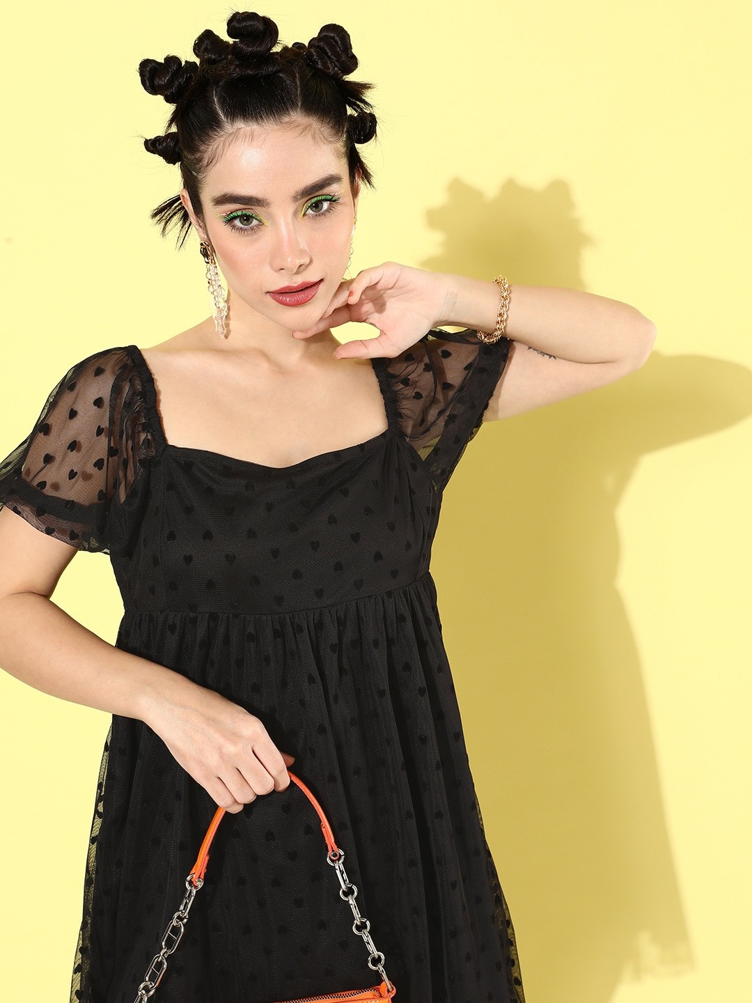 

Mast & Harbour Women Bold Black Heart Print College Cool Babydoll Net Empire Dress