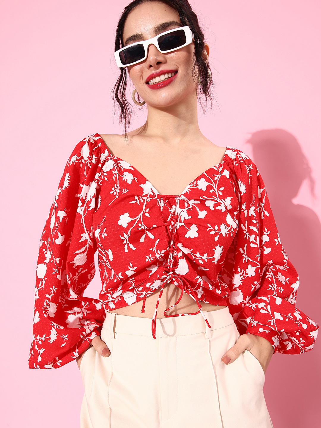 

Mast & Harbour Women Floral Print Smocked Blouson Crop Top, Red
