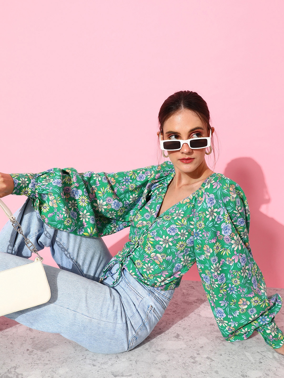 

Mast & Harbour Women V-Neck Floral Print Smocked Blouson Crop Top, Green