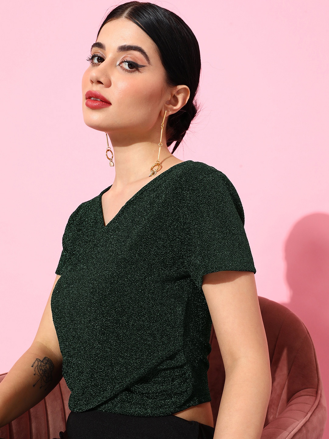 

Mast & Harbour Women V-Neck Embellished Wrap Crop Top, Green