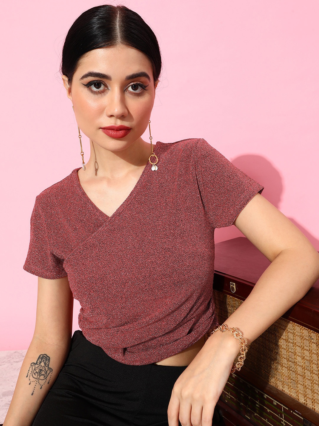 

Mast & Harbour Women V-Neck Embellished Wrap Crop Top, Pink