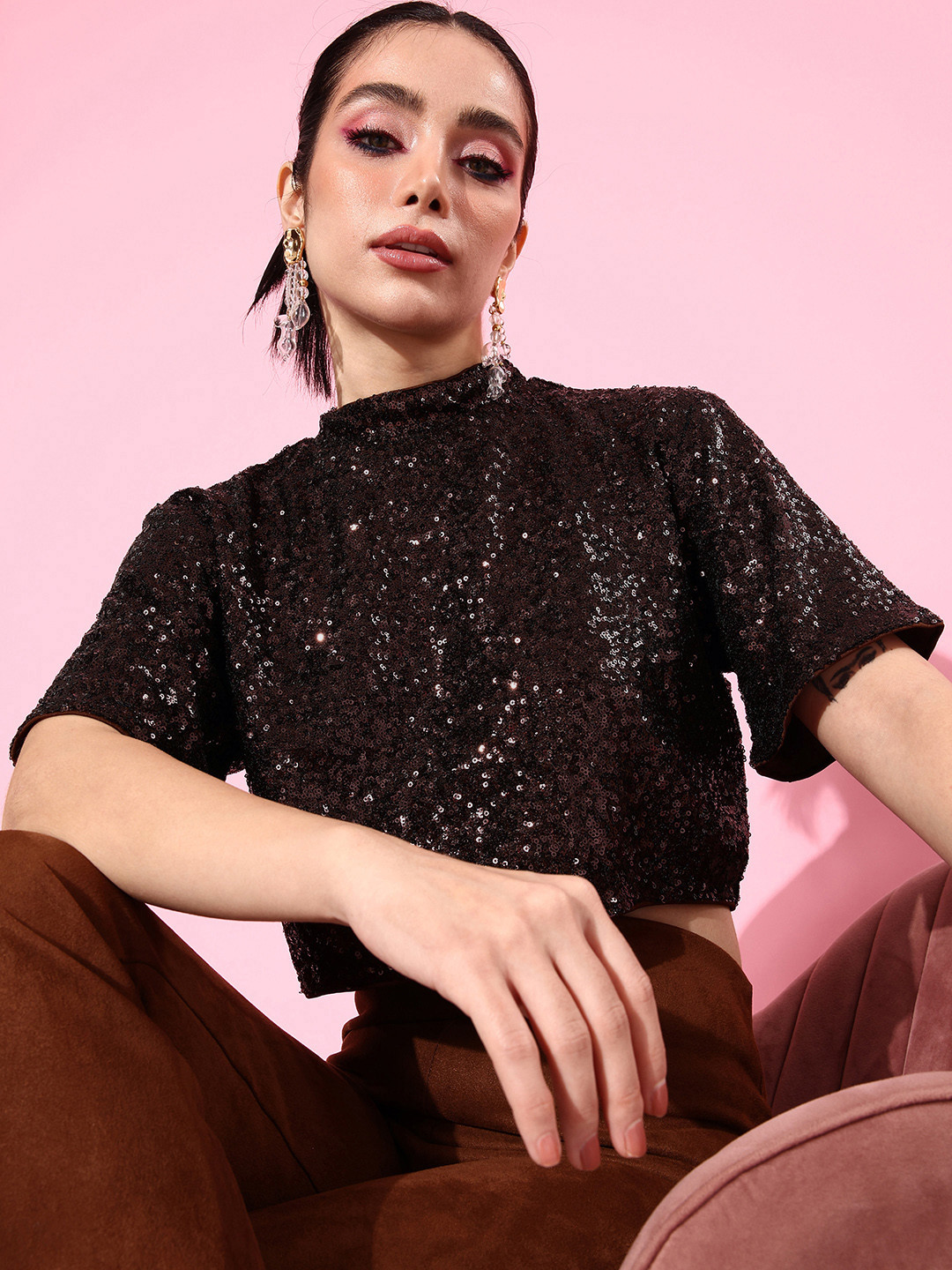 

Mast & Harbour Women High-Neck Embellished Crop Top, Brown
