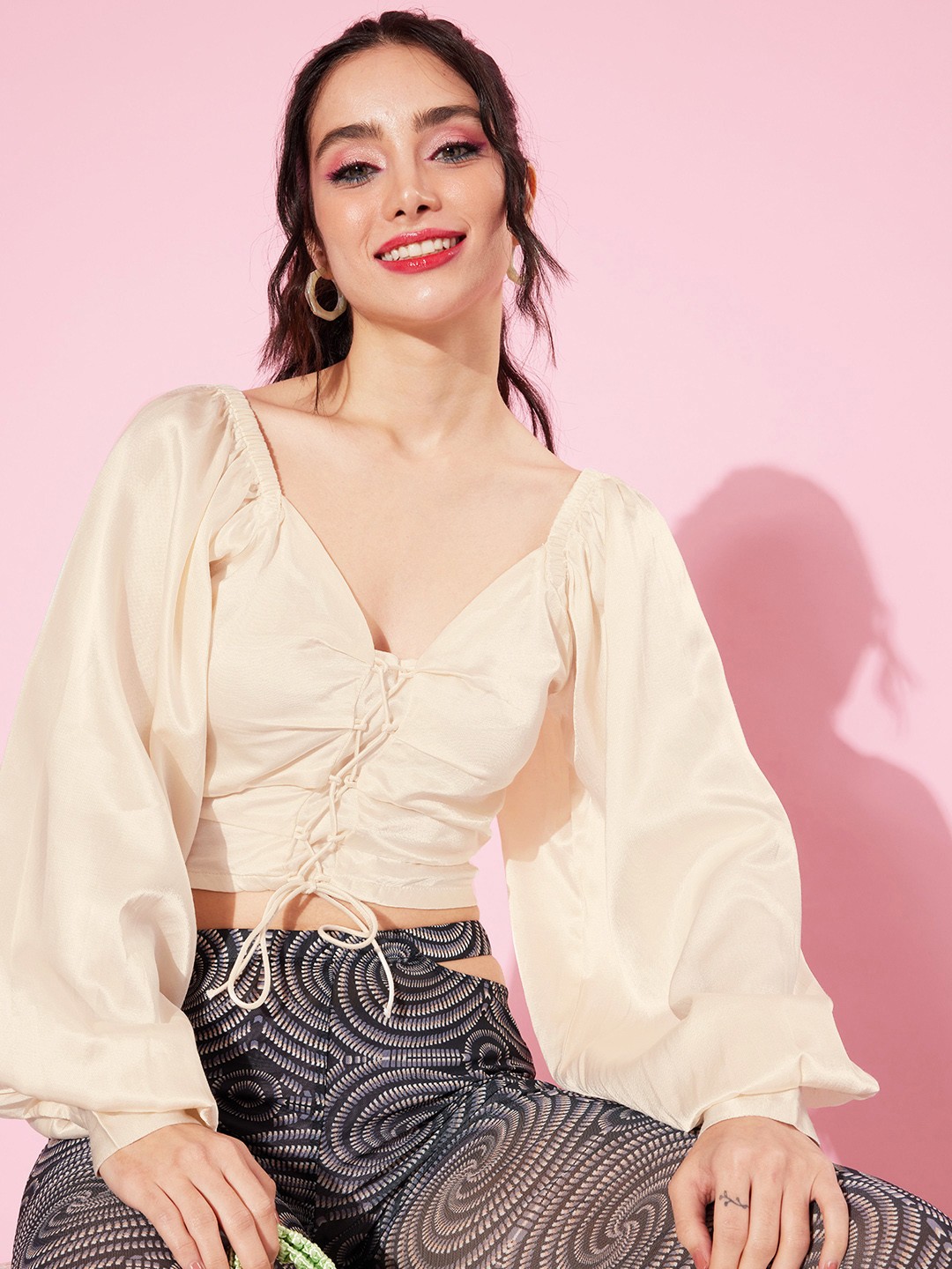 

Mast & Harbour Women Smocked Blouson Crop Top, Off white