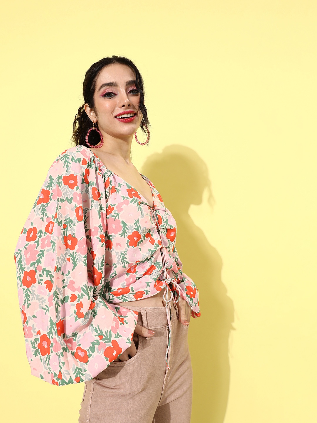 

Mast & Harbour Women Floral Print Smocked Blouson Crop Top, Multi