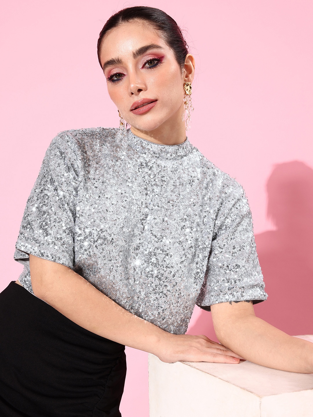

Mast & Harbour Women High-Neck Embellished Crop Top, Silver