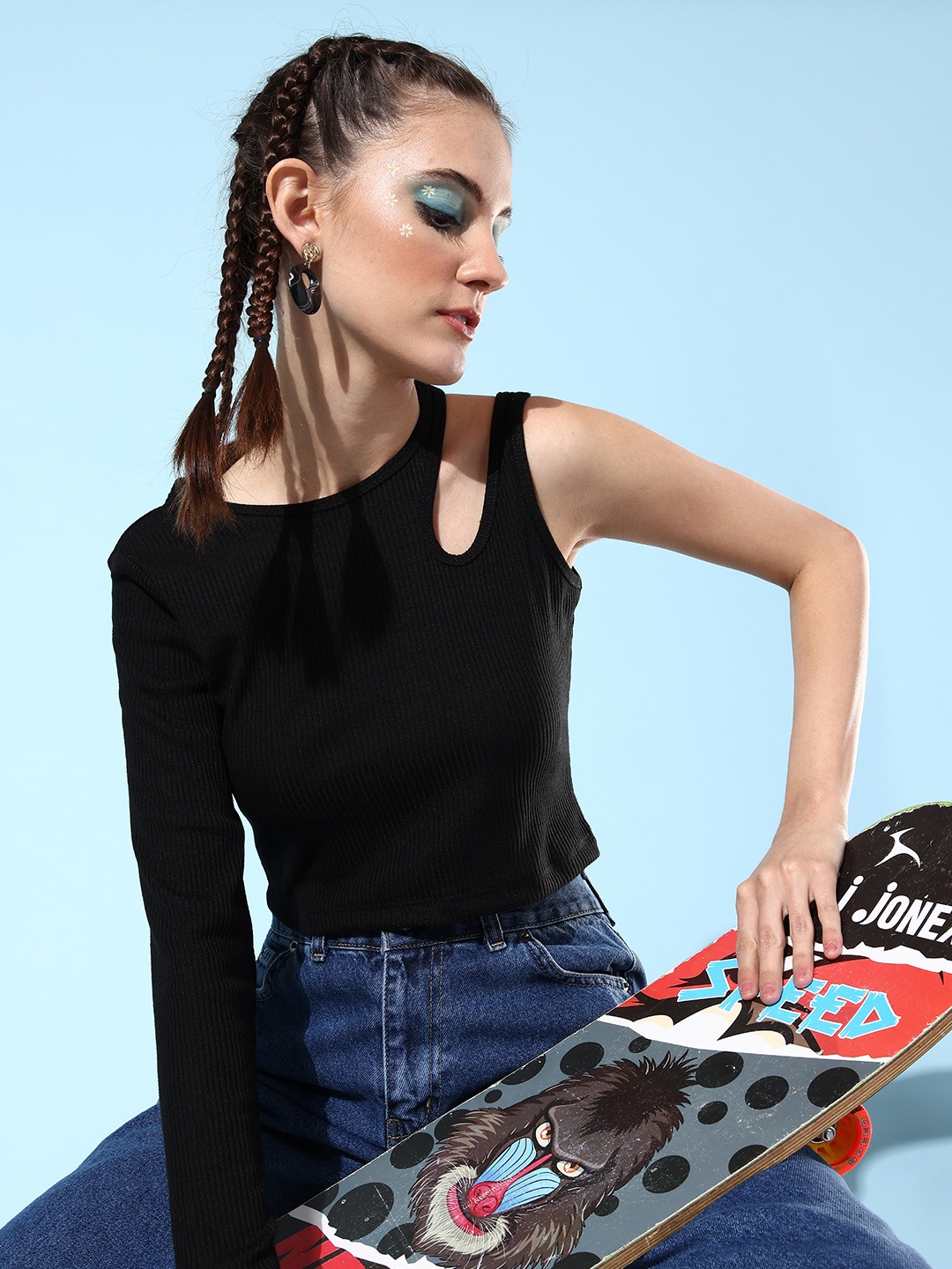 

Mast & Harbour Jet Black One shoulder Striped Emo 2.0 Once Upon a Sleeve Crop Top