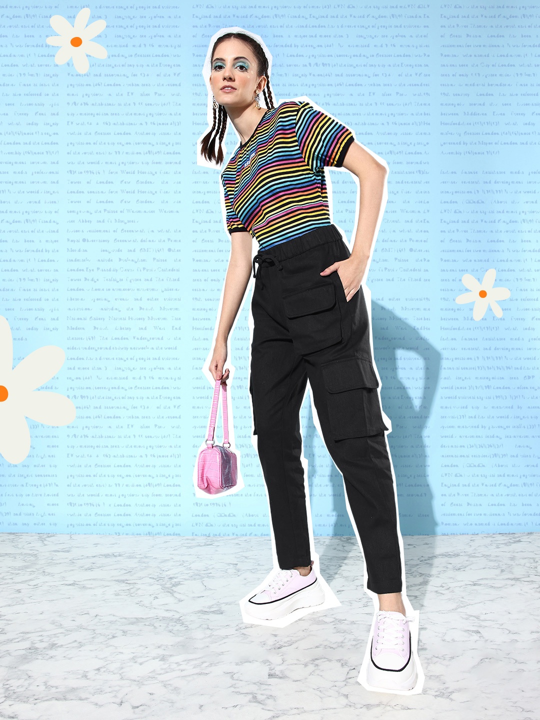 

Mast & Harbour Women Pure Cotton Jet Black Preppy College Cool Utility Cargos Trousers