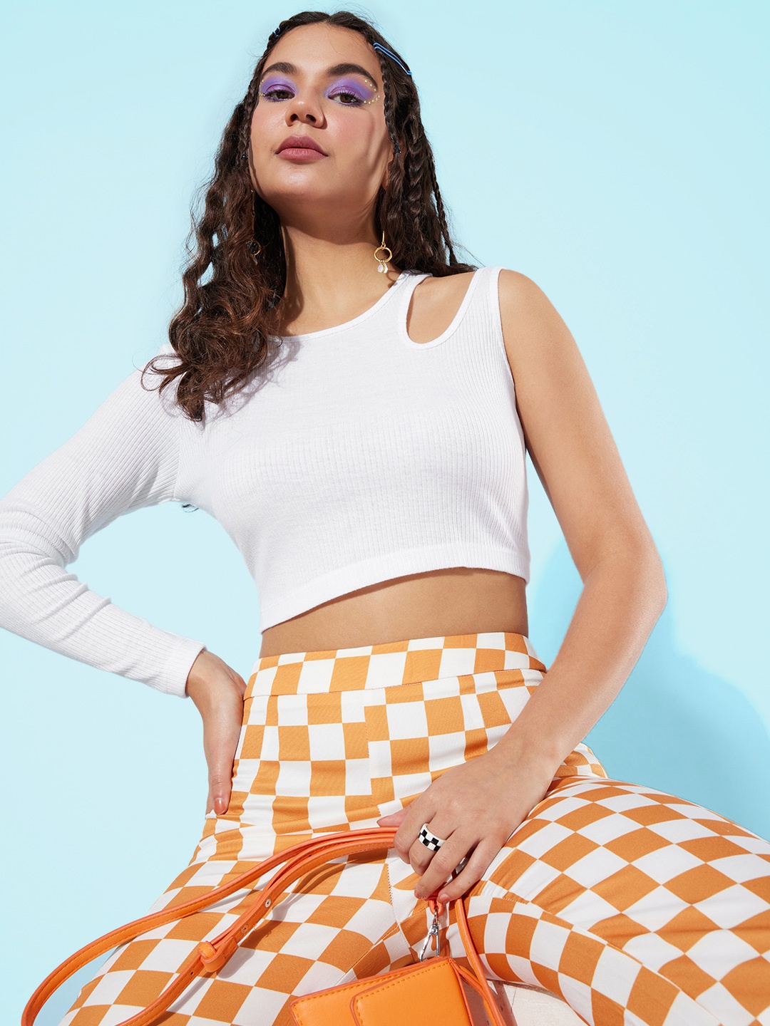

Mast & Harbour Striped One Shoulder Crop Top With Cut Out Details, White