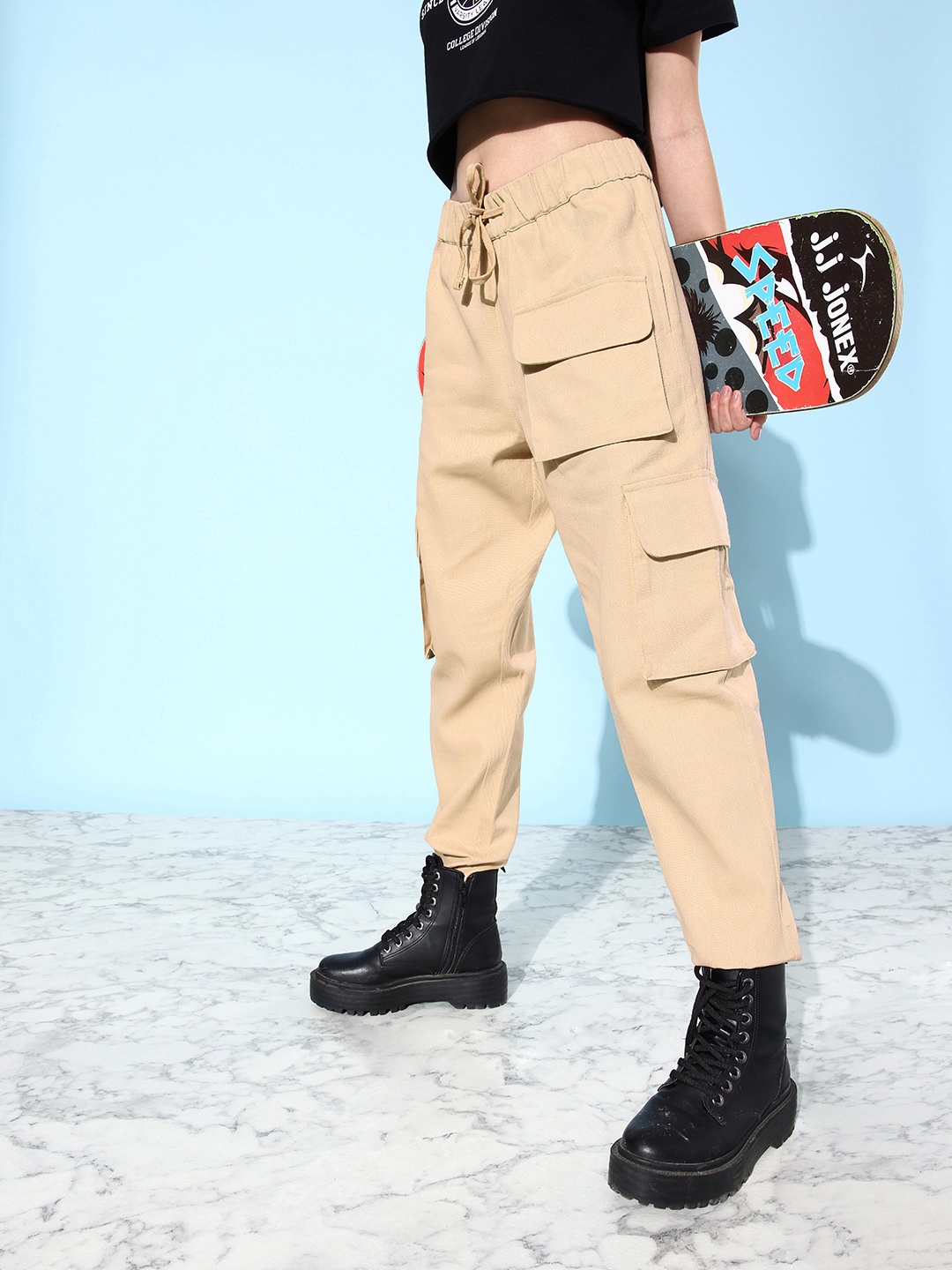

Mast & Harbour Women Pure Cotton Biscuit Beige Preppy College Cool Utility Cargos Trousers