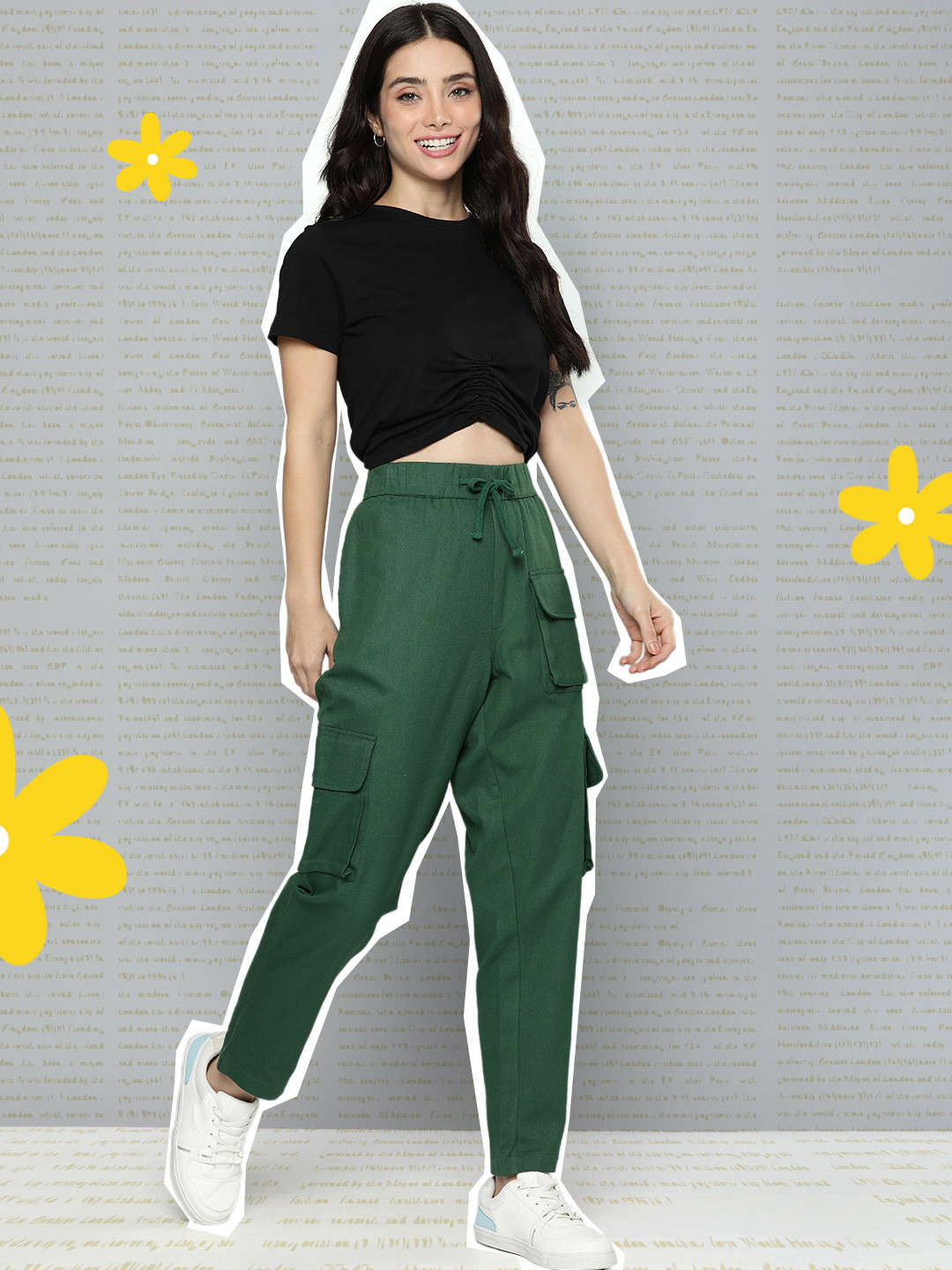 

Mast & Harbour Women Mid-Rise Pure Cotton Cargos Trousers With Drawstring Closure, Green