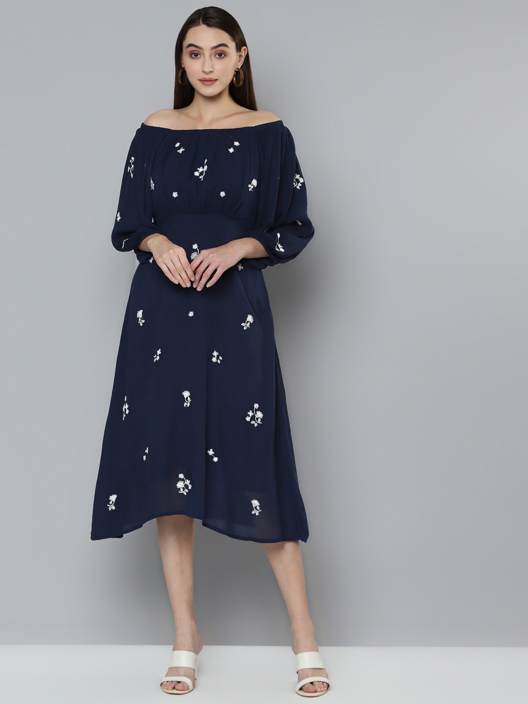 

SCOUP Navy Blue Floral Embroidered Crepe A-Line Dress