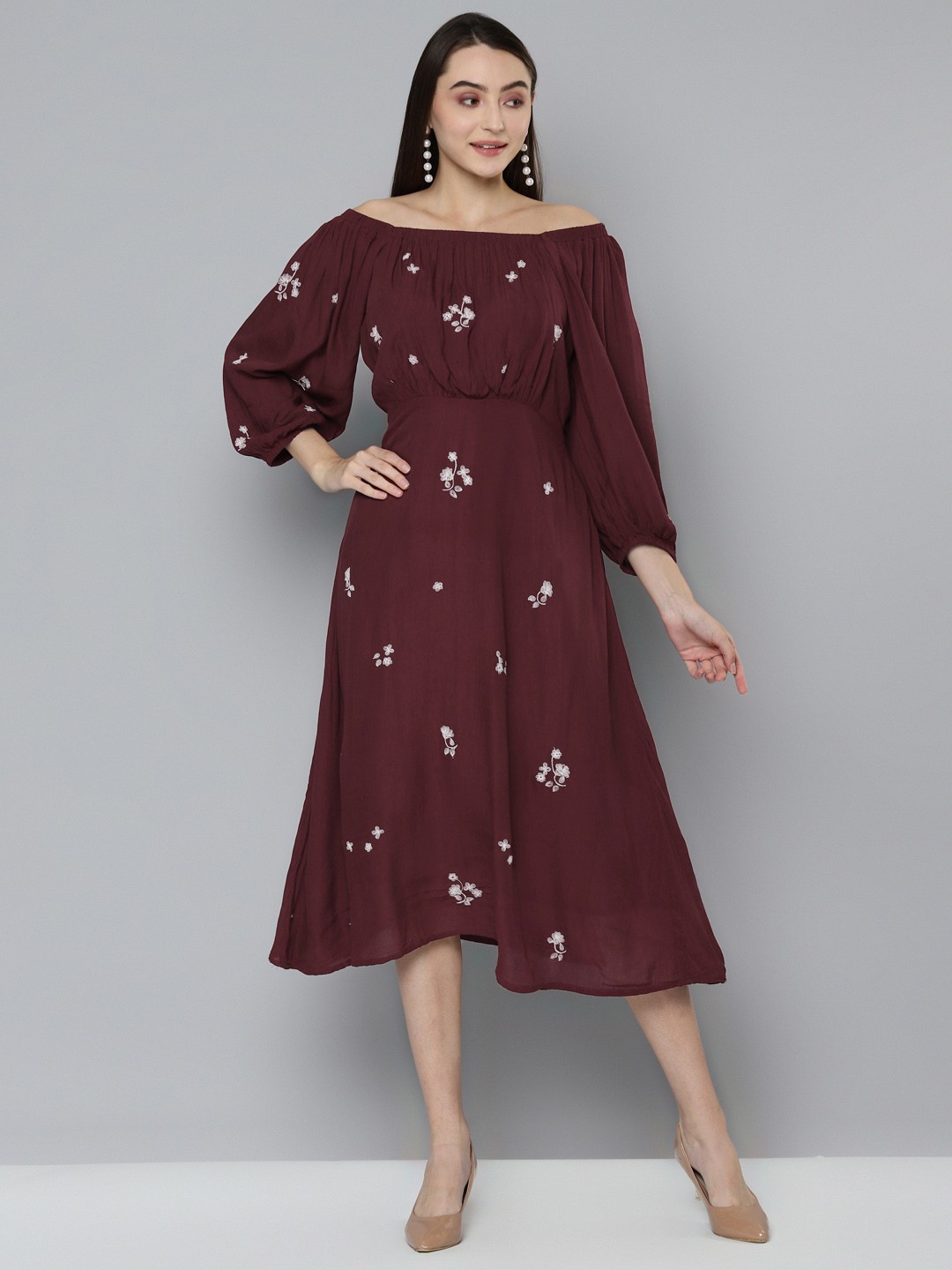 

SCOUP Maroon Floral Embroidered Crepe A-Line Dress