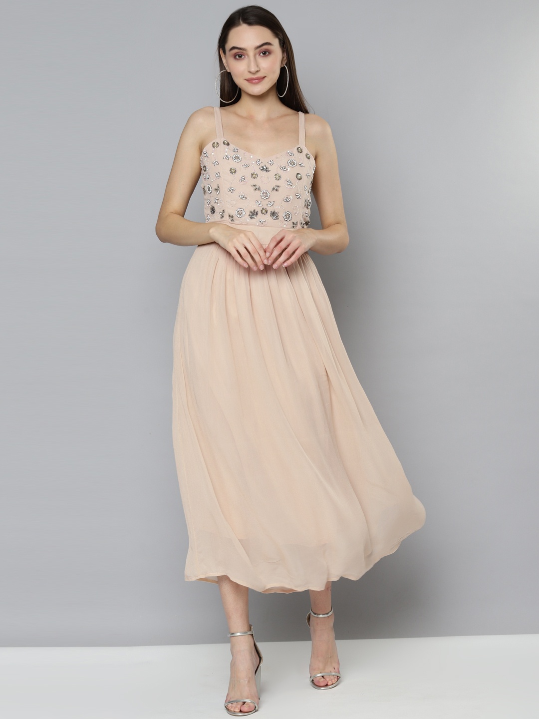 

SCOUP Beige Floral Georgette A-Line Dress