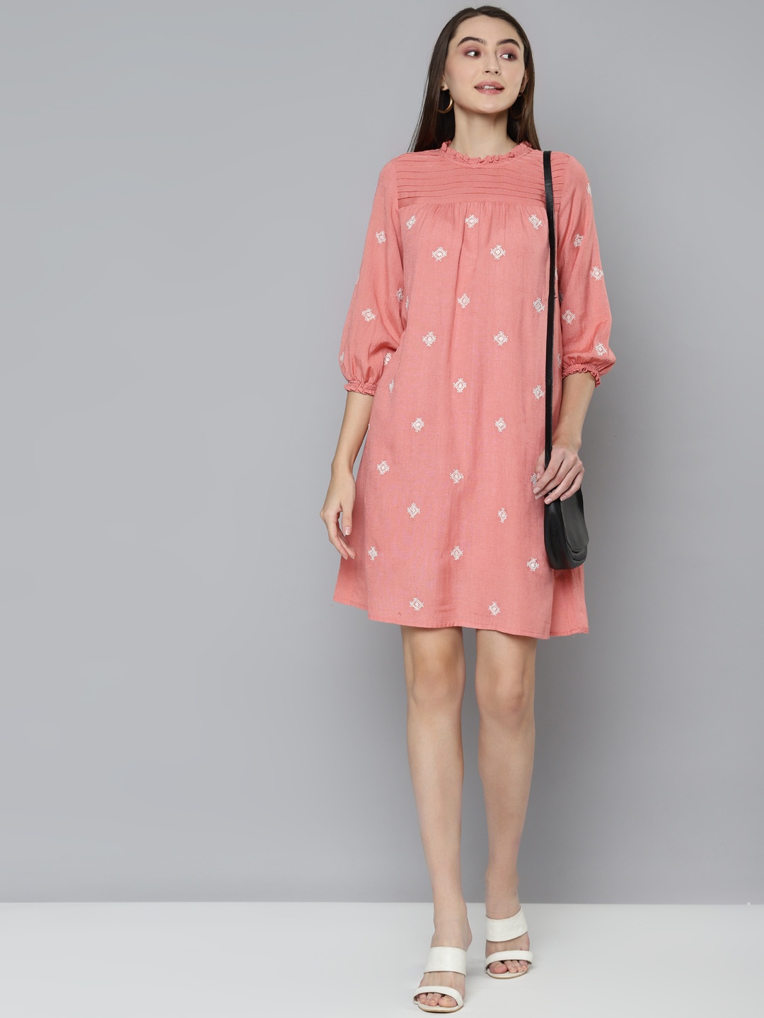 

SCOUP Peach-Coloured Ethnic Motifs Embroidered A-Line Dress