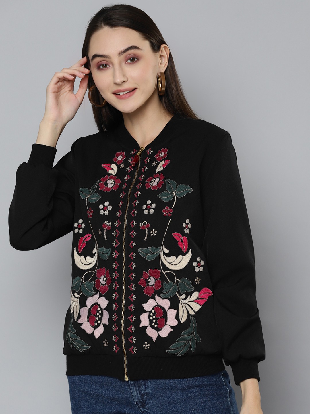 

SCOUP Women Black Floral Bomber Embroidered Jacket