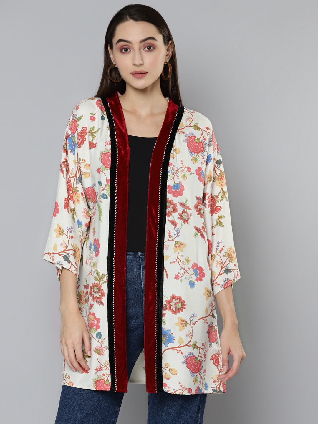 

SCOUP Women Multicoloured Printed Embroidered Longline Shrug, Multi