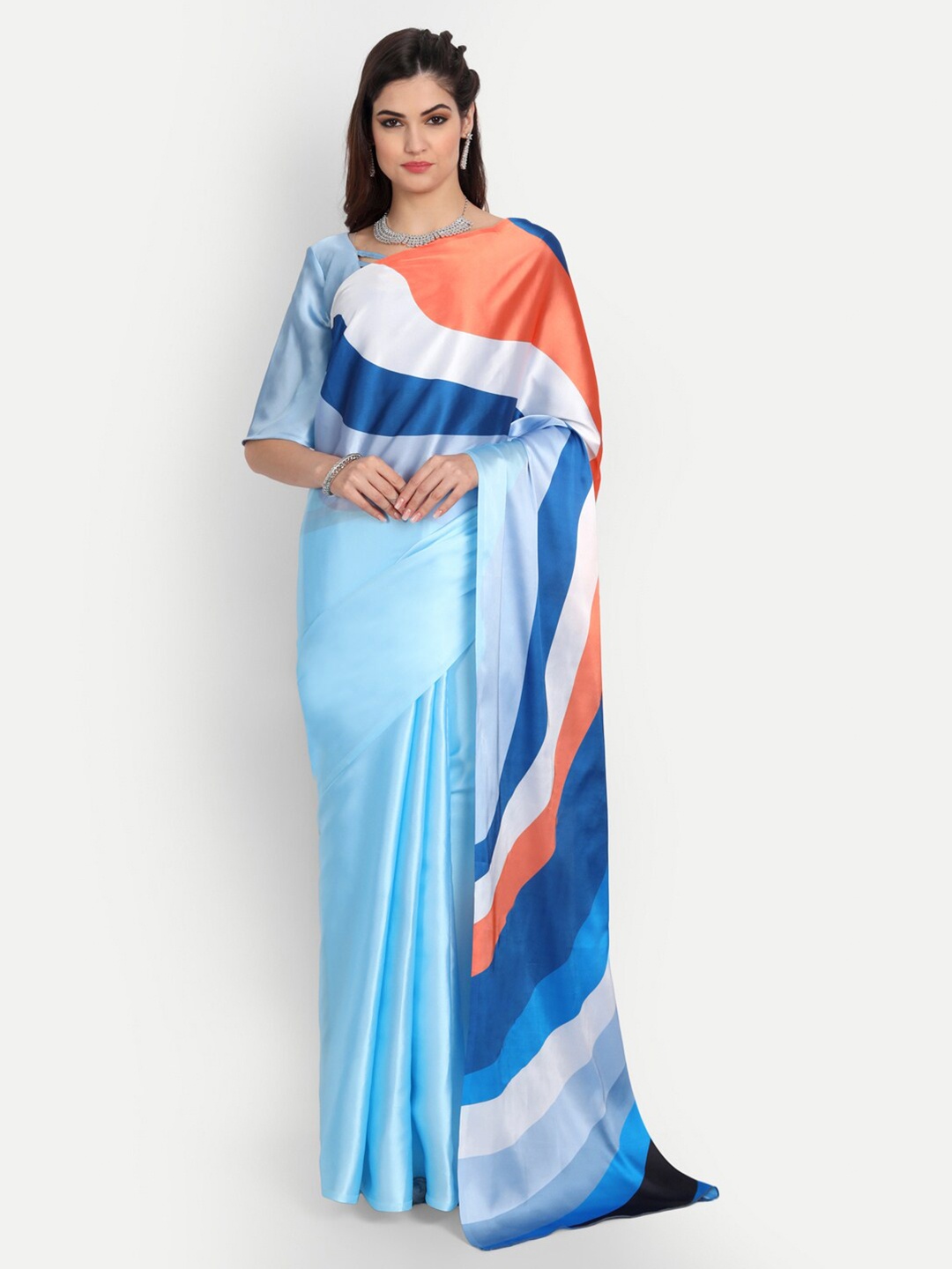 

MotiHamir Blue & White Satin Saree