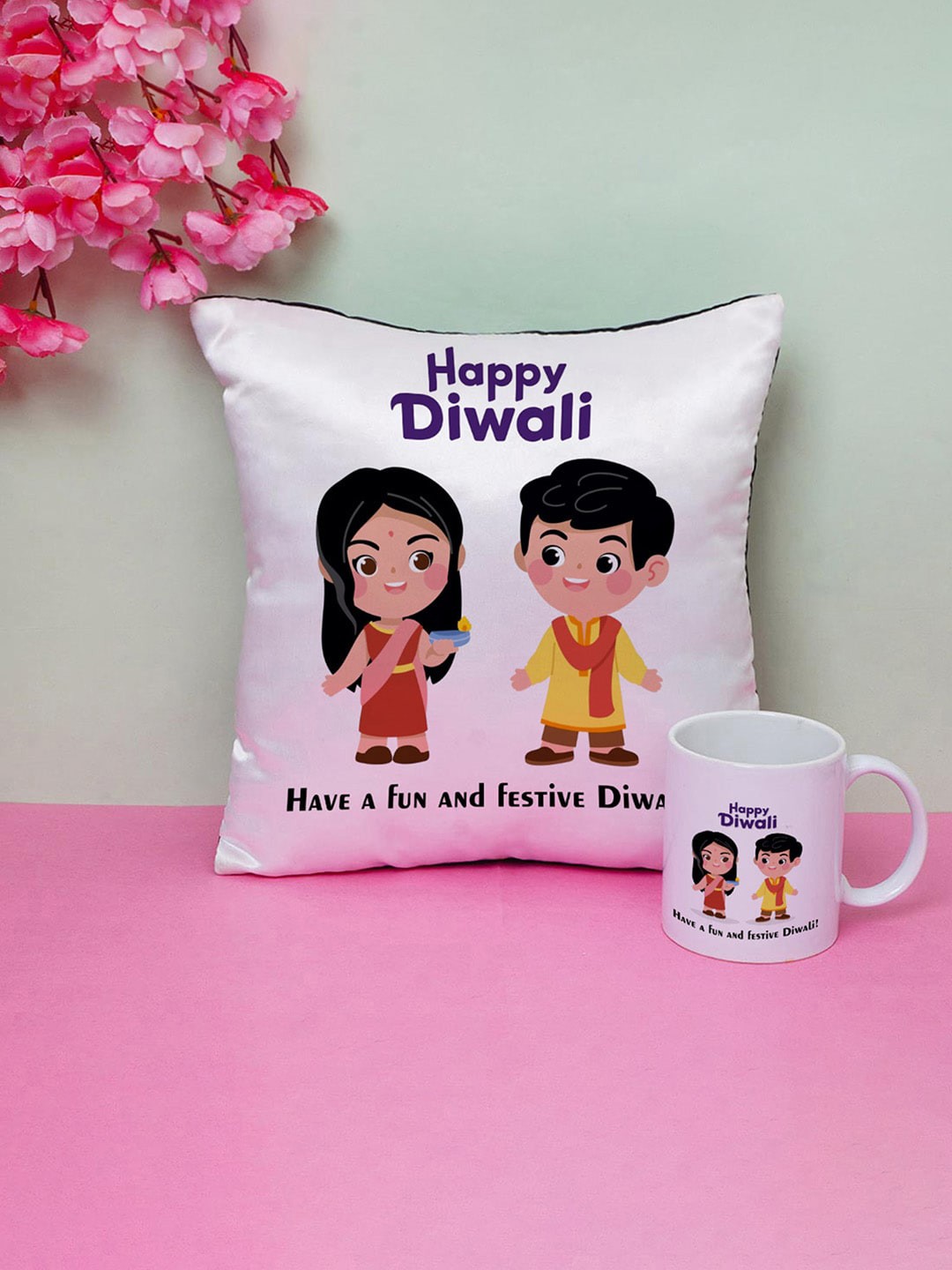 

Crazy Corner Pack Of 2 Happy Diwali Printed Cushion & Mug Gift Set, White