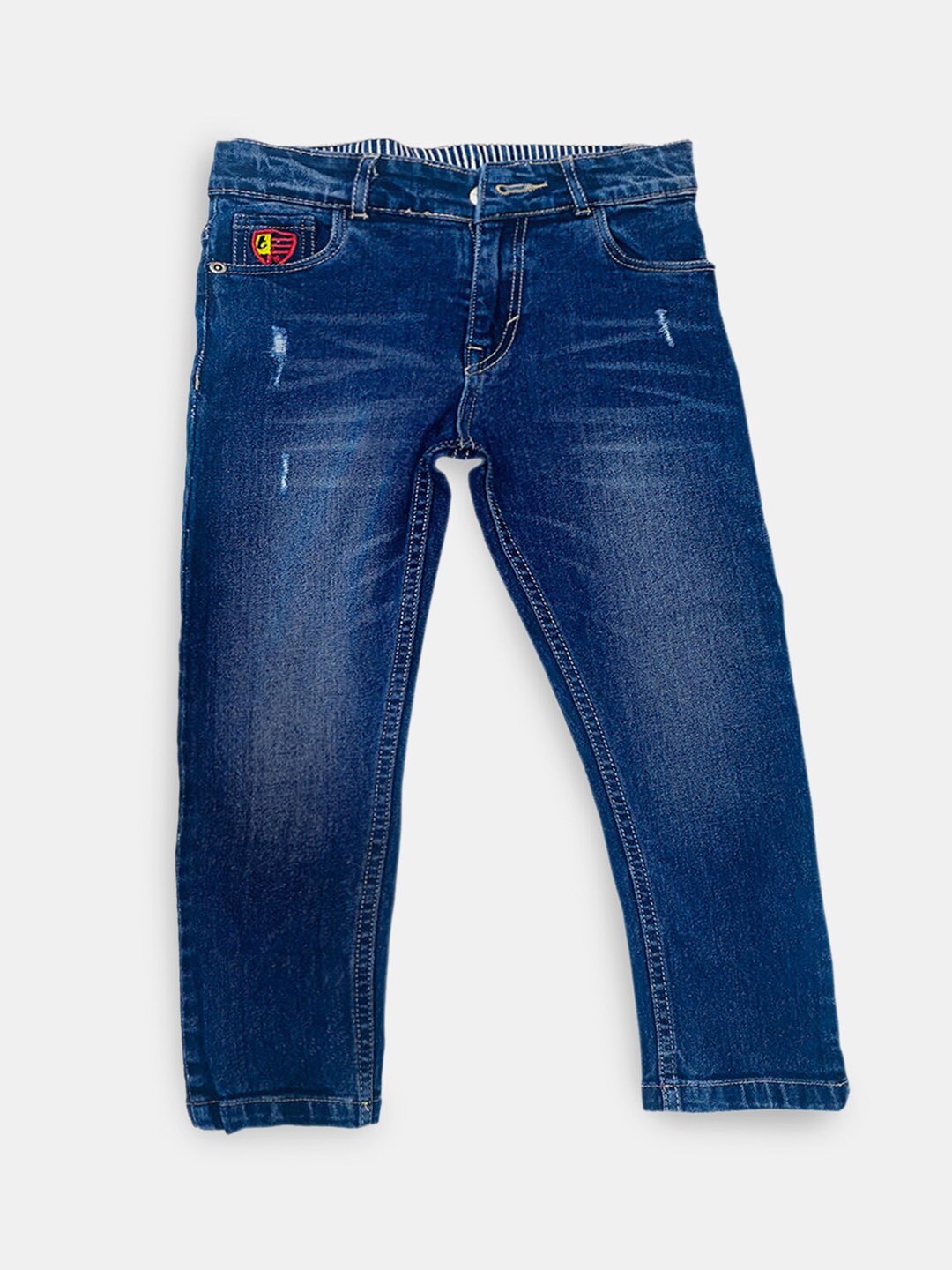 

Hopscotch Boys Blue High-Rise Low Distress Light Fade Stretchable Jeans