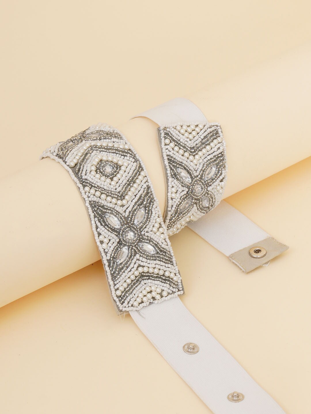 

FABBHUE Women White & Grey Embellished Canvas Belt