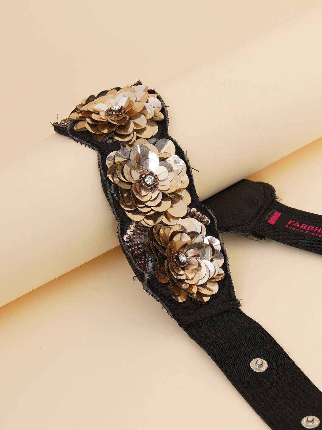 

FABBHUE Women Black And Gold Embellished Canvas Waist Belt