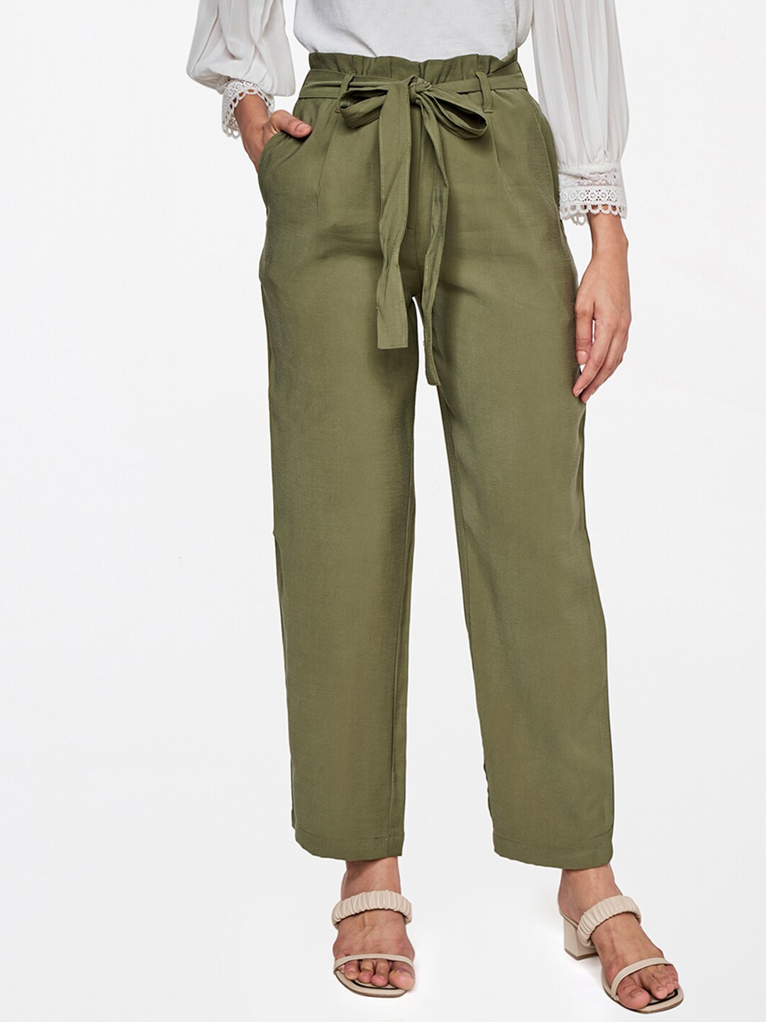 

AND Women Olive Green Tapered Fit Trousers